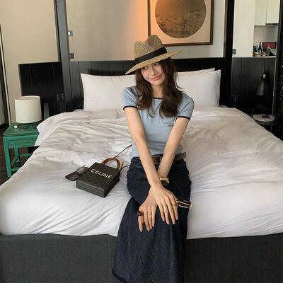 龙喜儿 圆领针织短袖T恤女春夏新款薄款高级感纯色修身百搭打底衫