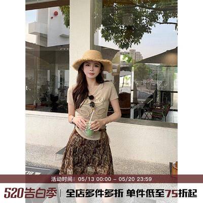 【威威亚麻T】设计感镂空编织短袖上衣女夏季修身显瘦正肩亚麻T恤