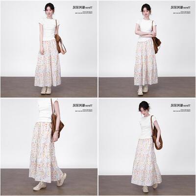 Three银河居民 高腰显瘦碎花半身裙女夏伞裙垂感宽松慵懒中长版裙