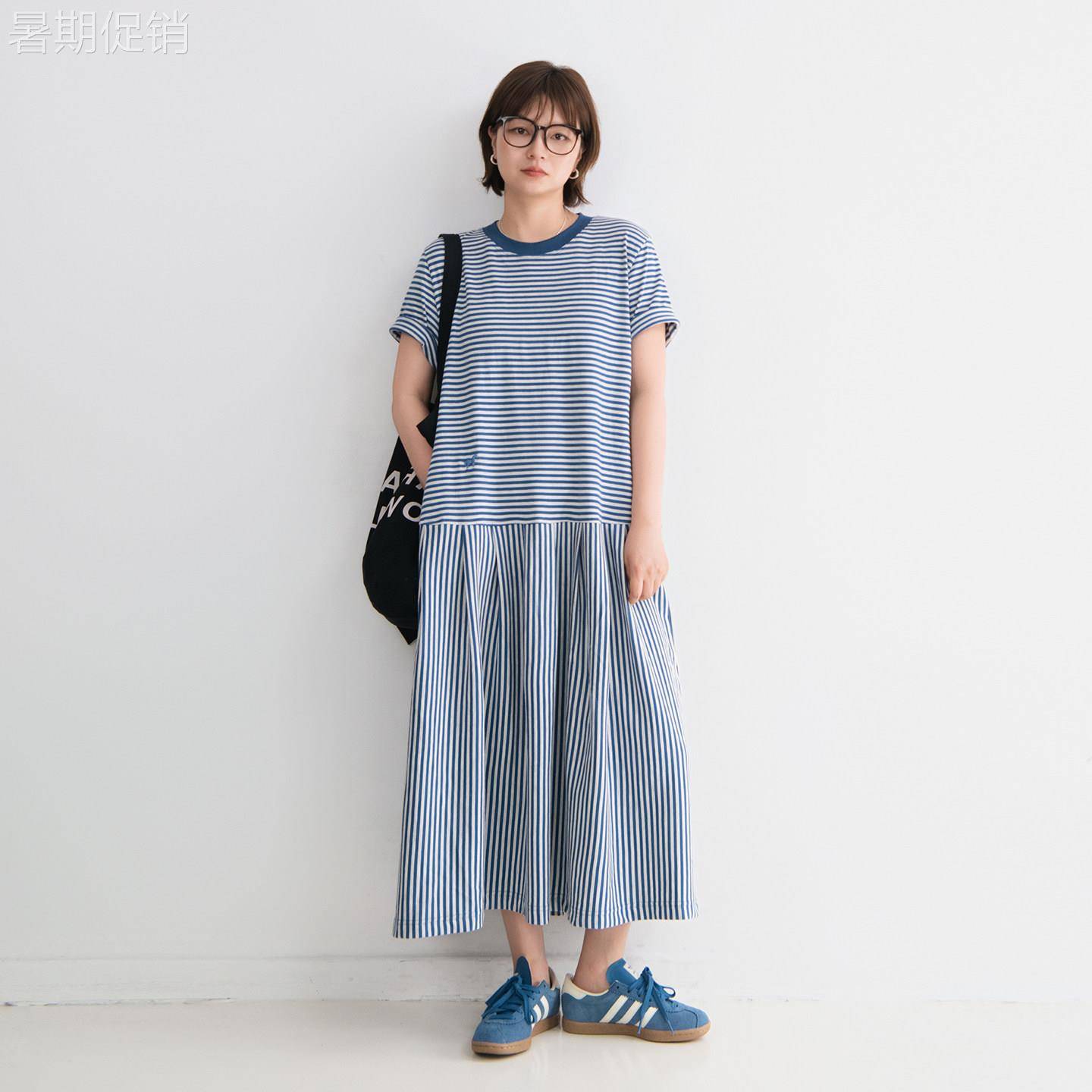棉质圆领套头拼接小马刺绣短袖洋装女宽松百搭休闲条纹夏季长裙