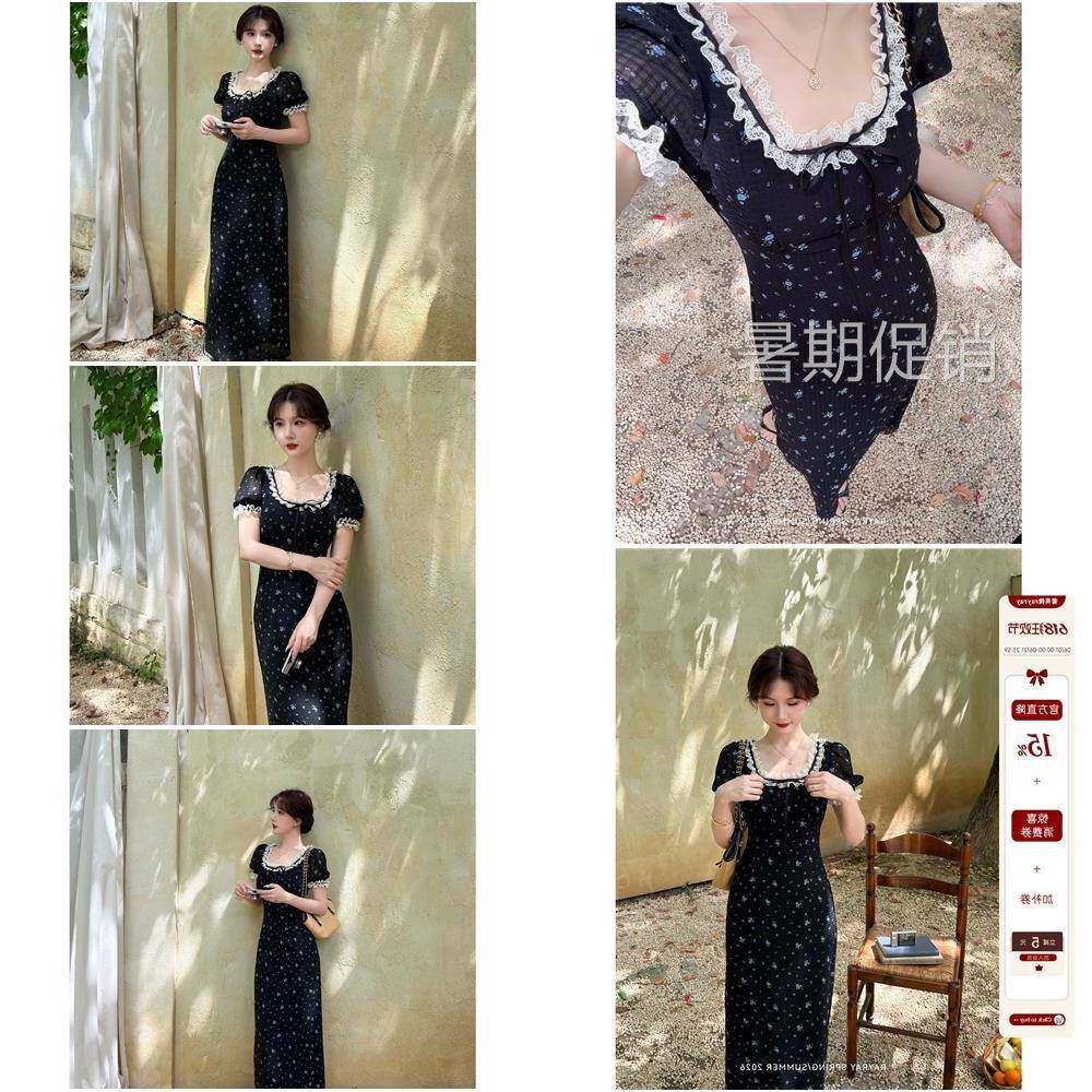 蕾英俊【佛罗伦萨】碎花长裙女夏方领蕾丝边泡泡袖收腰显瘦长裙