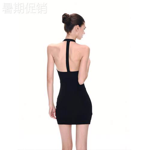 JLAUNT 黑色挂颈洋装女夏性感修身收腰包臀裙高级感辣妹短裙子