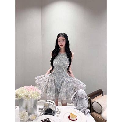 Qiauuu雾灰清矜 定染雾兰*盘带绣 甜美花朵蓬蓬公主风洋装女