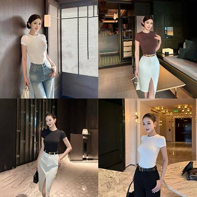 SX善喜3色入修身圆领百搭T恤女美式辣妹简约弹力内搭打底短袖上衣