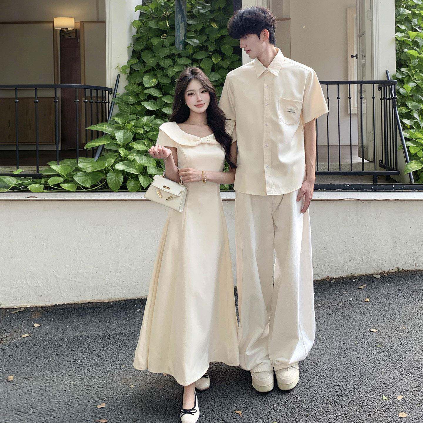 情侣装高级感一衣一裙娃娃领蝴蝶结洋装女夏季a字显瘦收腰长裙
