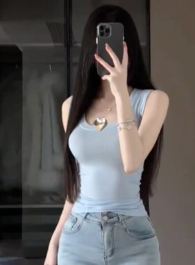 夏季新辣妹性感无袖紧身显胸U字领百搭低胸大弹力纯色背心上衣女