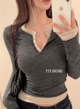 LF308性感显身材~气质女人味半开领紧身打底T恤hc