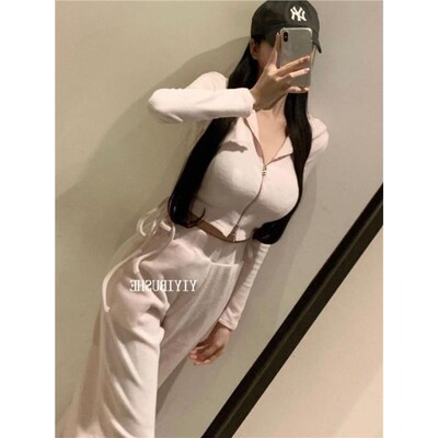 LJ165气质显身材~女人味抽绳连帽外套+休闲裤套装ik