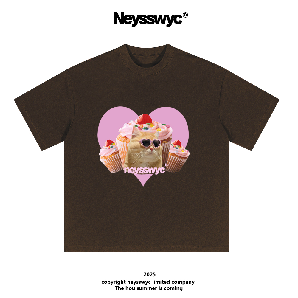 NEYSSWYC 【爱心猫】巧克力咖色ins风夏可爱短袖T恤宽松小众显白