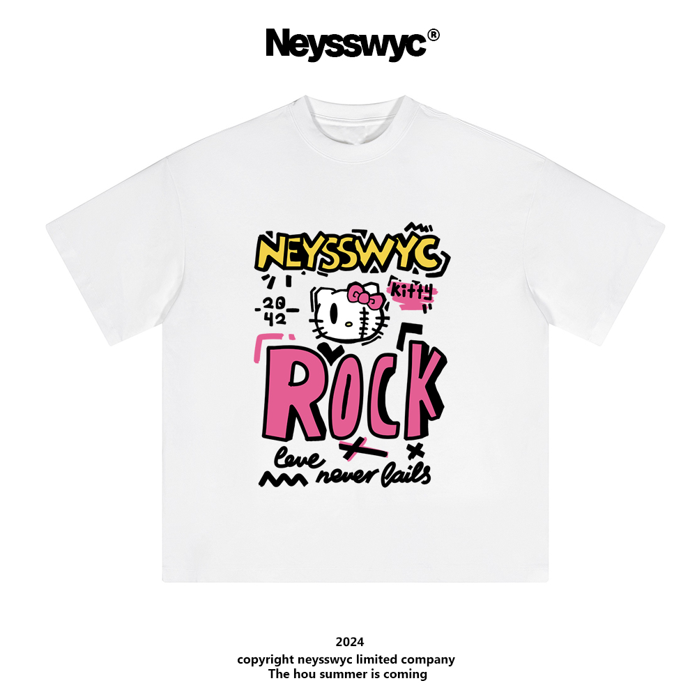 NEYSSWYC ROCK白色短袖T恤涂鸦喷漆猫T恤宽松情侣夏季美式kt小众