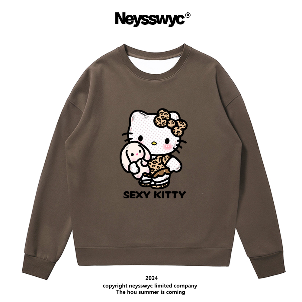NEYSSWYC 豹纹小兔KT美式风卡通圆领卫衣长袖秋冬休闲宽松百搭猫