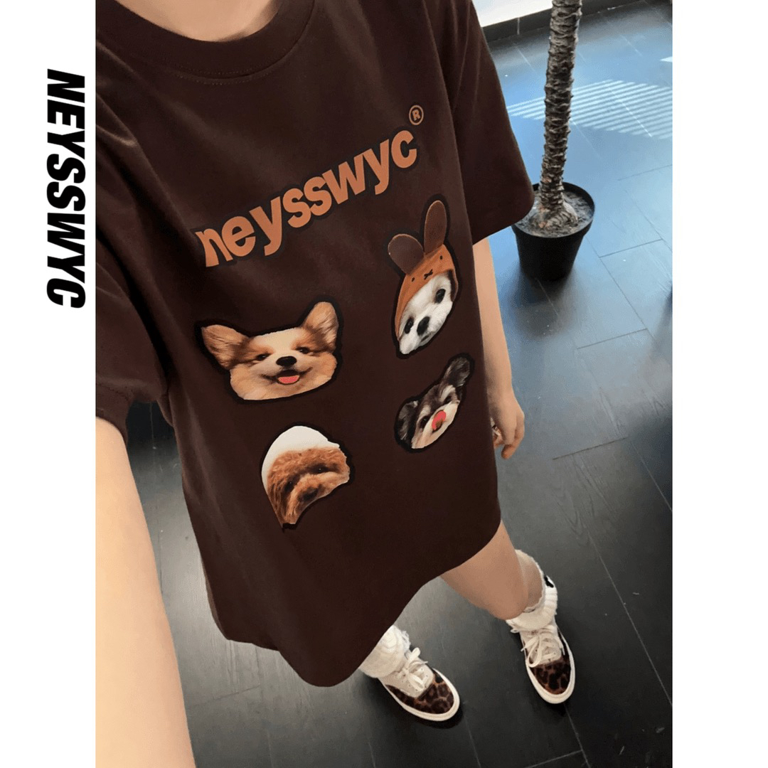 NEYSSWYC【小狗聚会】原创百搭宽松短袖纯色可爱T恤竞松情侣夏季y