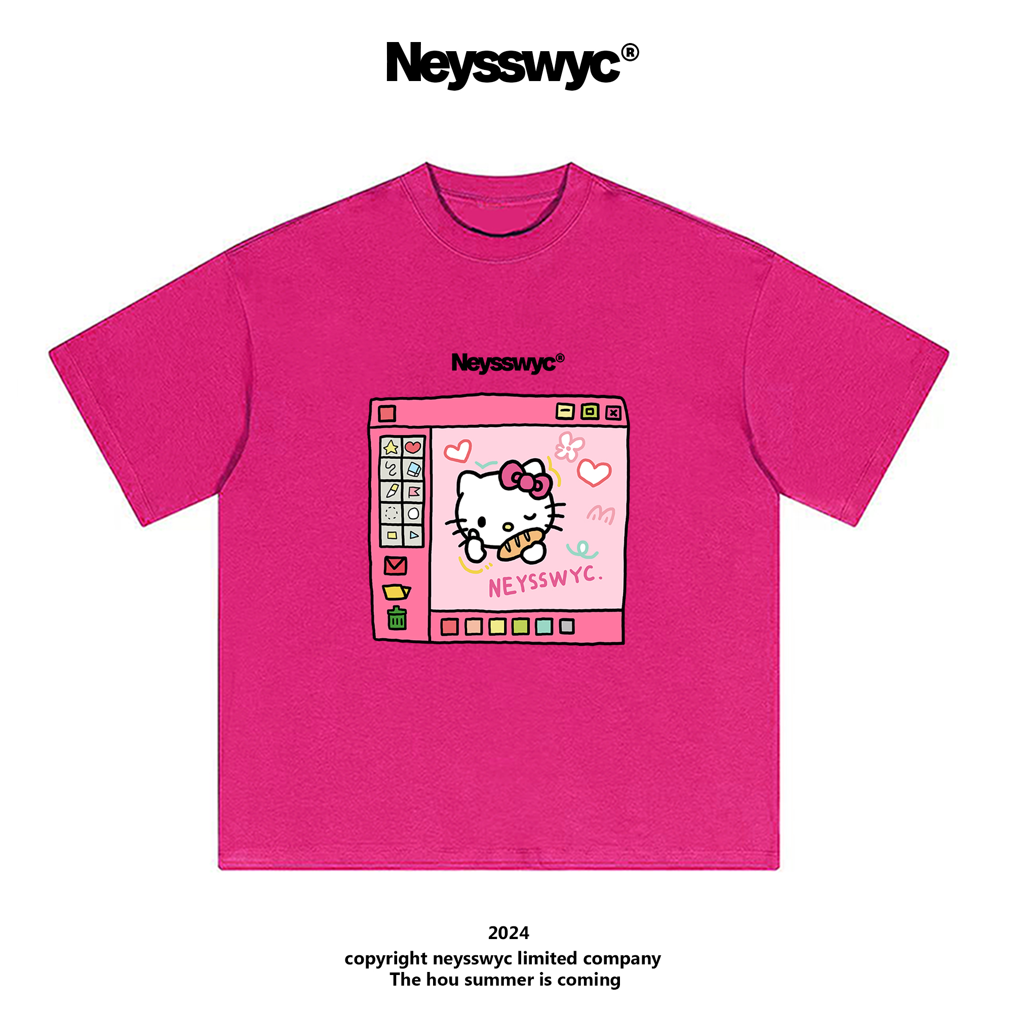 NEYSSWYC 玫红创意窗口KT短袖涂鸦猫T恤宽松情侣夏美式小众男女