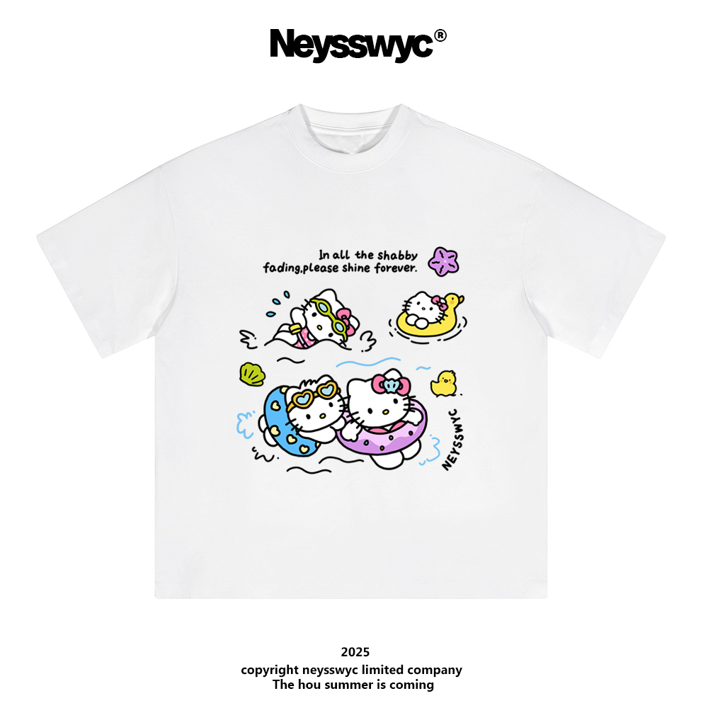 NEYSSWYC 【游泳】趣味白色可爱卡通短袖T恤粉夏季宽松小众剧情