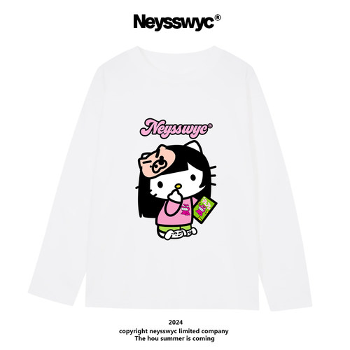 NEYSSWYC 小新KT动漫长袖T恤宽松百搭磨毛可爱小众情侣猫咪春秋冬