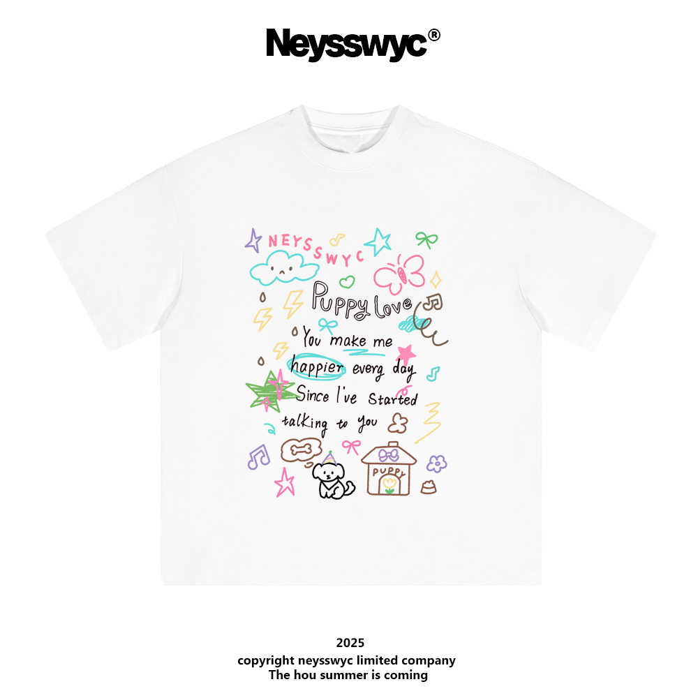 NEYSSWYC 【彩色涂鸦puppy】重磅白宽松百搭夏涂鸦T恤
