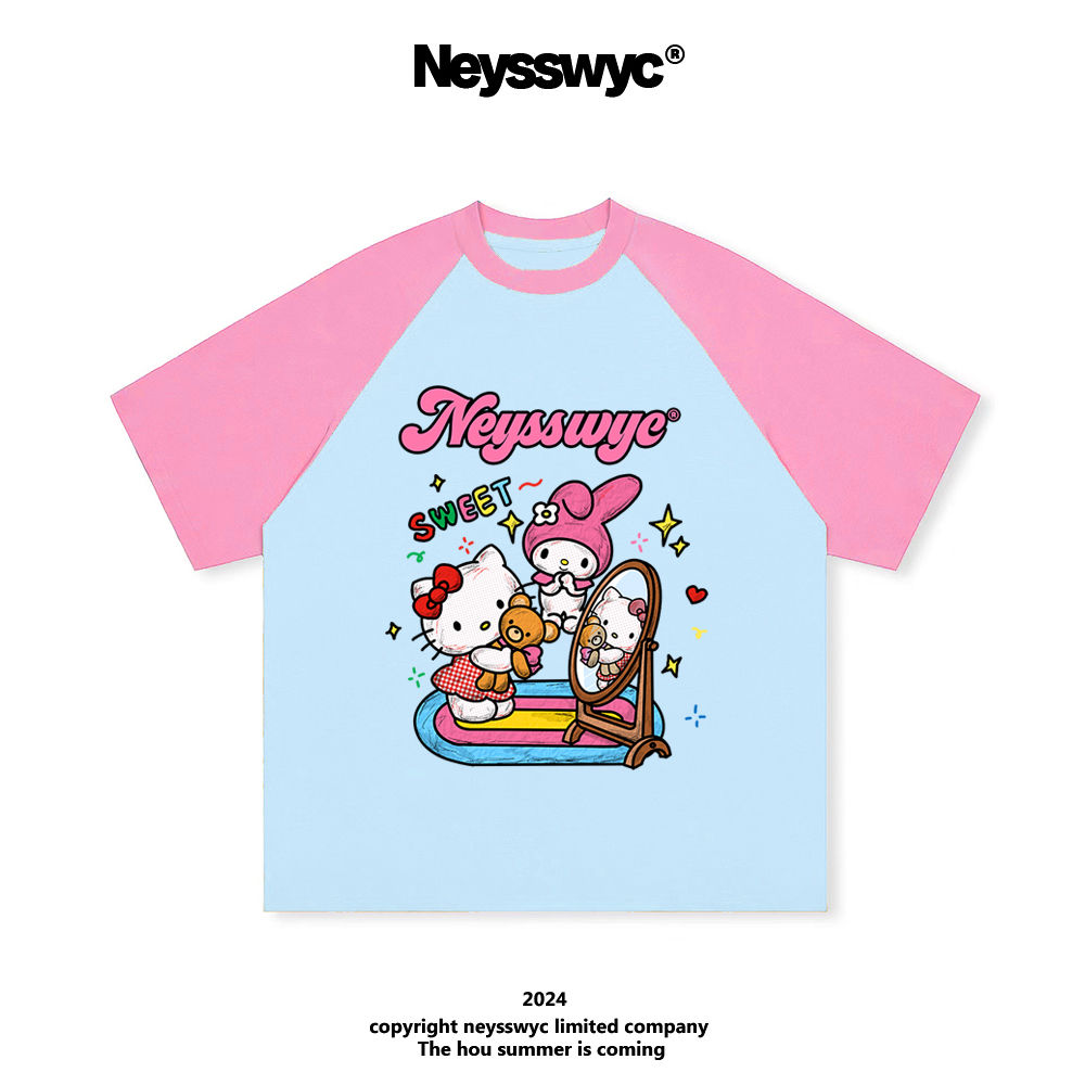 NEYSSWYC 【试衣镜】粉蓝插肩KT短袖T恤袖落肩宽松少女可爱夏季猫