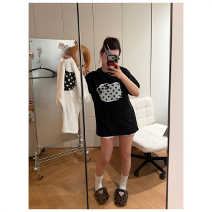 NEYSSWYC 波点猫头黑白宽松百搭短袖T恤夏季可爱女生休闲纯棉圆领