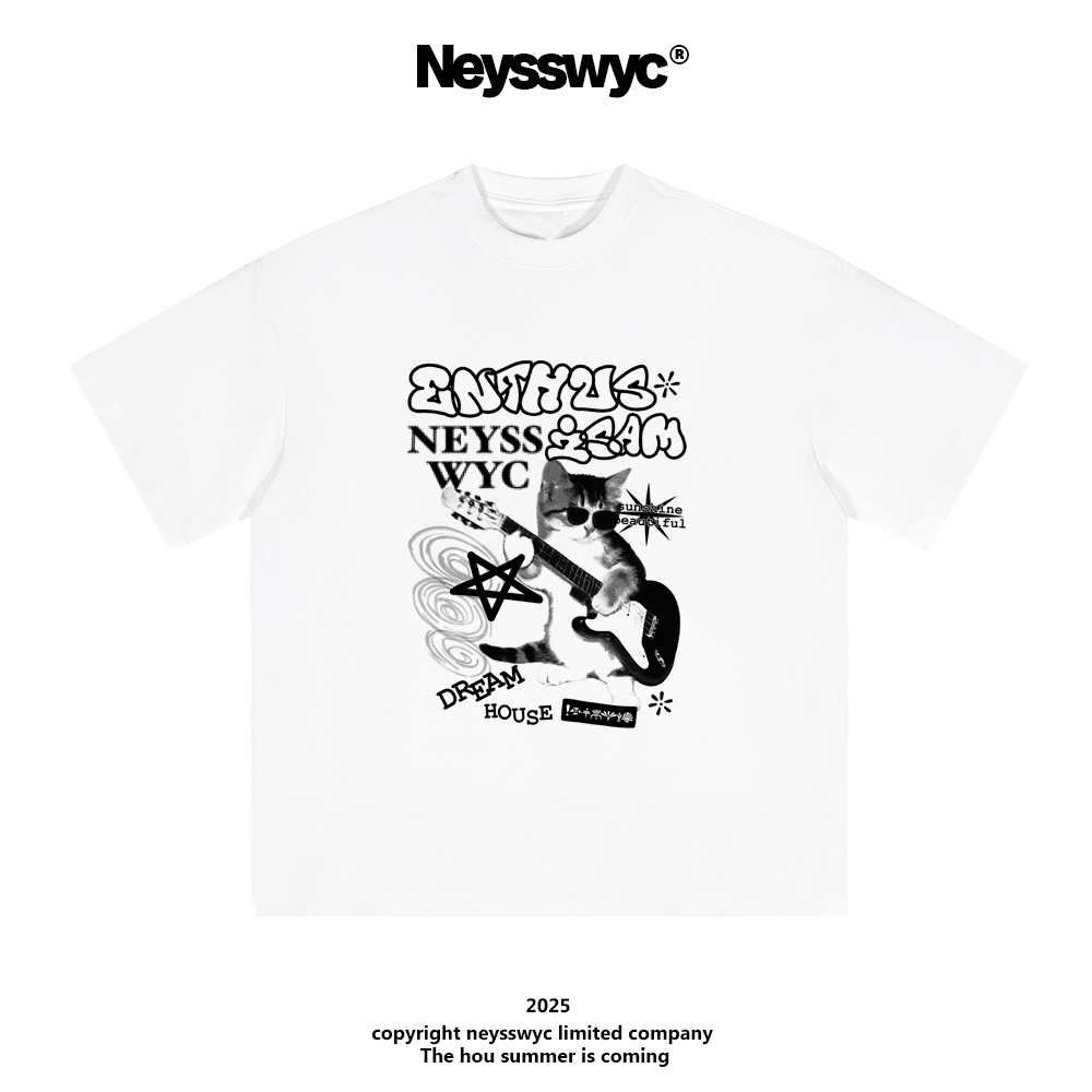 NEYSSWYC 【摇滚喵酱】重磅白宽松百搭夏涂鸦T恤