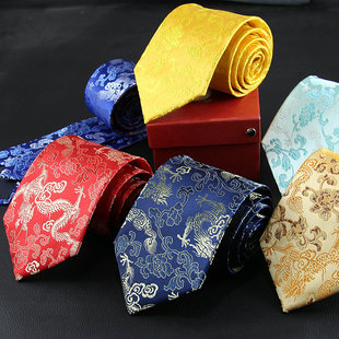 结婚新郎庆典领呔TIE 正装 传统复古中国风红色金黄9CM宽版 领带男士