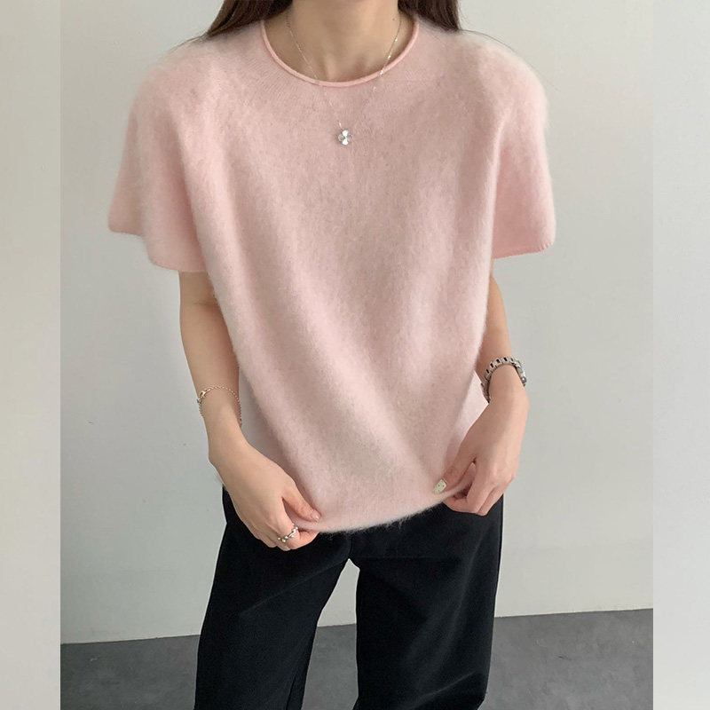 秋季新款韩系简约柔软羊绒毛圆领短袖针织衫女宽松套头卷边毛衣潮