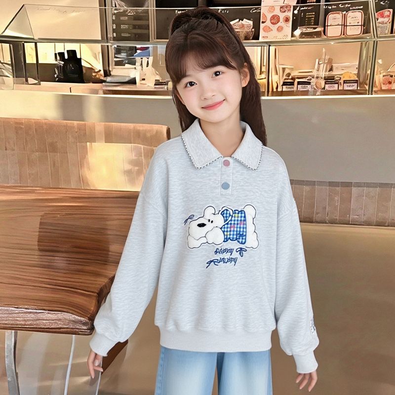 女童韩版卫衣小女孩早秋新款可爱印花甜美洋气polo领时髦简约上衣