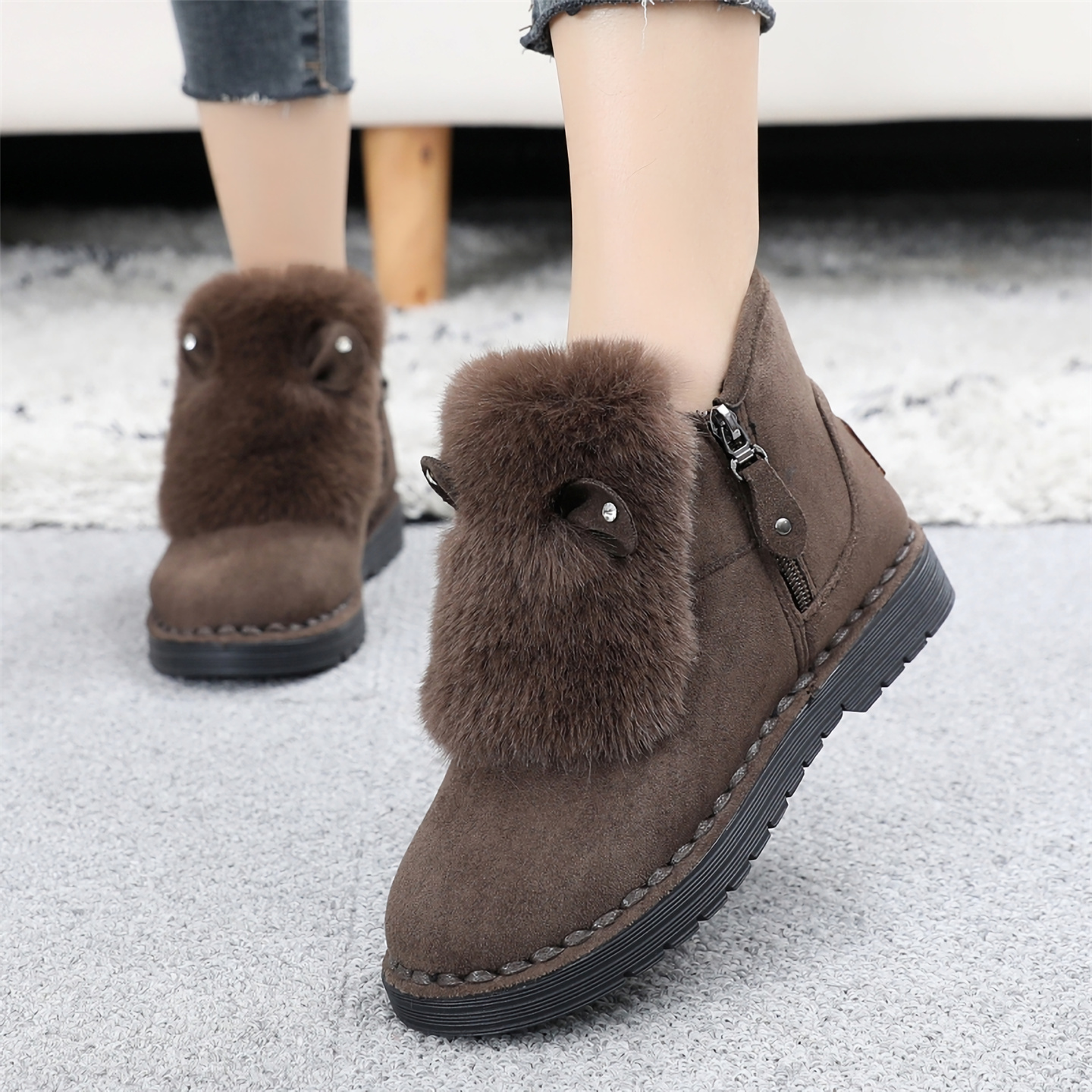 雪地靴加绒加厚大棉拉链保暖棉鞋