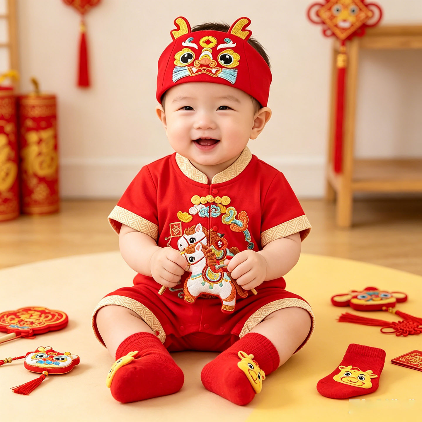 马年中国风纯棉宝宝满月百天礼服图片