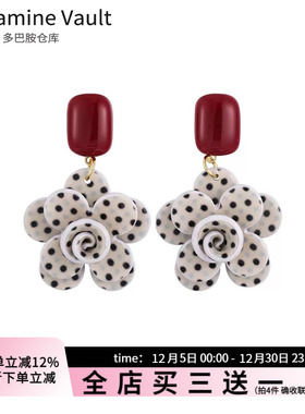 多巴胺仓库」女冠子.复古港风红色撞色波点花朵耳钉小众设计耳饰