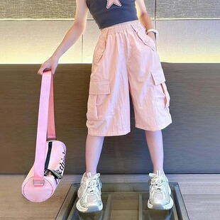 韩范甜酷女孩工装五分裤子夏季薄款女童冰丝短裤多口袋中大童中裤