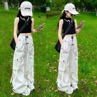 女童白色工装裤夏季薄款美式裤子高腰爵士舞休闲运动2025新款洋气