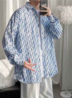 条纹衬衫男春季美式复古长袖衬衣港风内搭外套