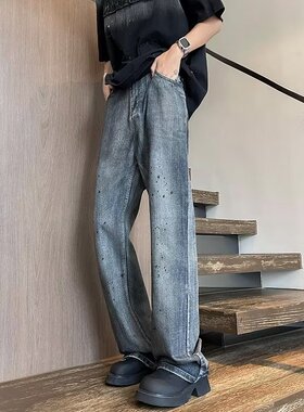 2024欧美风高街做旧牛仔裤男ins潮牌长裤直筒微喇显瘦小众裤子