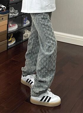 新款满印提花牛仔裤男潮牌痞帅炸街小众设计感美式高街直筒微喇裤