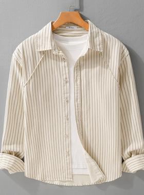 春秋男装条纹高级感日系长袖衬衫休闲宽松流行青年百搭男衬衣1008