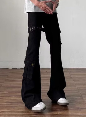夏季黑色vibe绑带微喇工装牛仔裤男cleanfit美式高街修身喇叭裤子