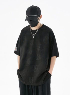 男款鹿皮短袖2023新款潮牌夏季重磅290g衣服美式大码男士宽松t恤