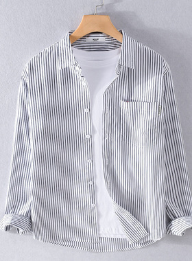 春秋季男装休闲条纹长袖衬衫文艺青年男衬衣日系简约打底上衣9620