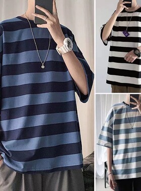 条纹短袖t恤男美式潮流ins港风半袖夏季衣服宽松个性时尚百搭打底
