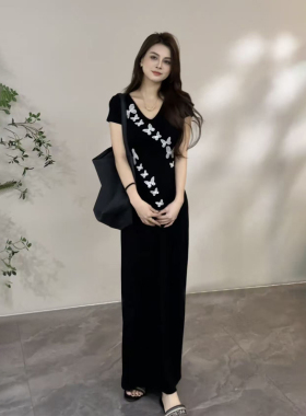 大婷婷 夏季新款V领短袖蝴蝶设计修身直筒裙连衣裙长裙DT2067