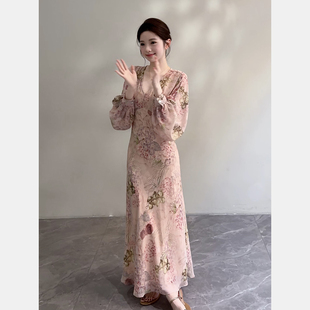 颂宋 夏季新款新中式提花粉色收腰灯笼袖女装长袖连衣裙DT1931