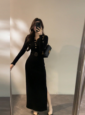 大婷婷 复古纽扣小黑裙气质修身开衩连衣裙长裙送腰带DT1871