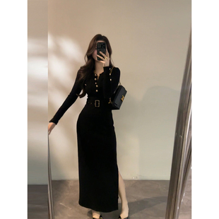 大婷婷 复古纽扣小黑裙气质修身开衩连衣裙长裙送腰带DT1871