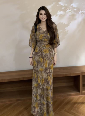 大婷婷 夏季新款V领印花收腰显瘦气质法式女款连衣裙长裙DT2228