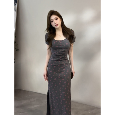 宥妍 夏季新款法式时尚复古碎花收腰短袖显瘦开叉连衣裙DT2021