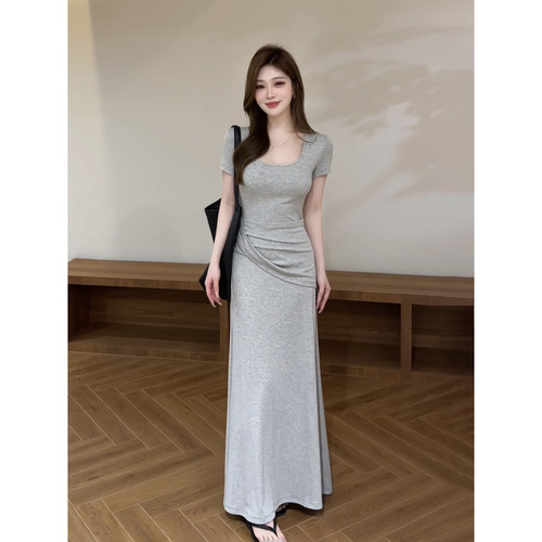 宥妍 夏季新款扭结收腰短袖显瘦气质长款连衣裙DT2096