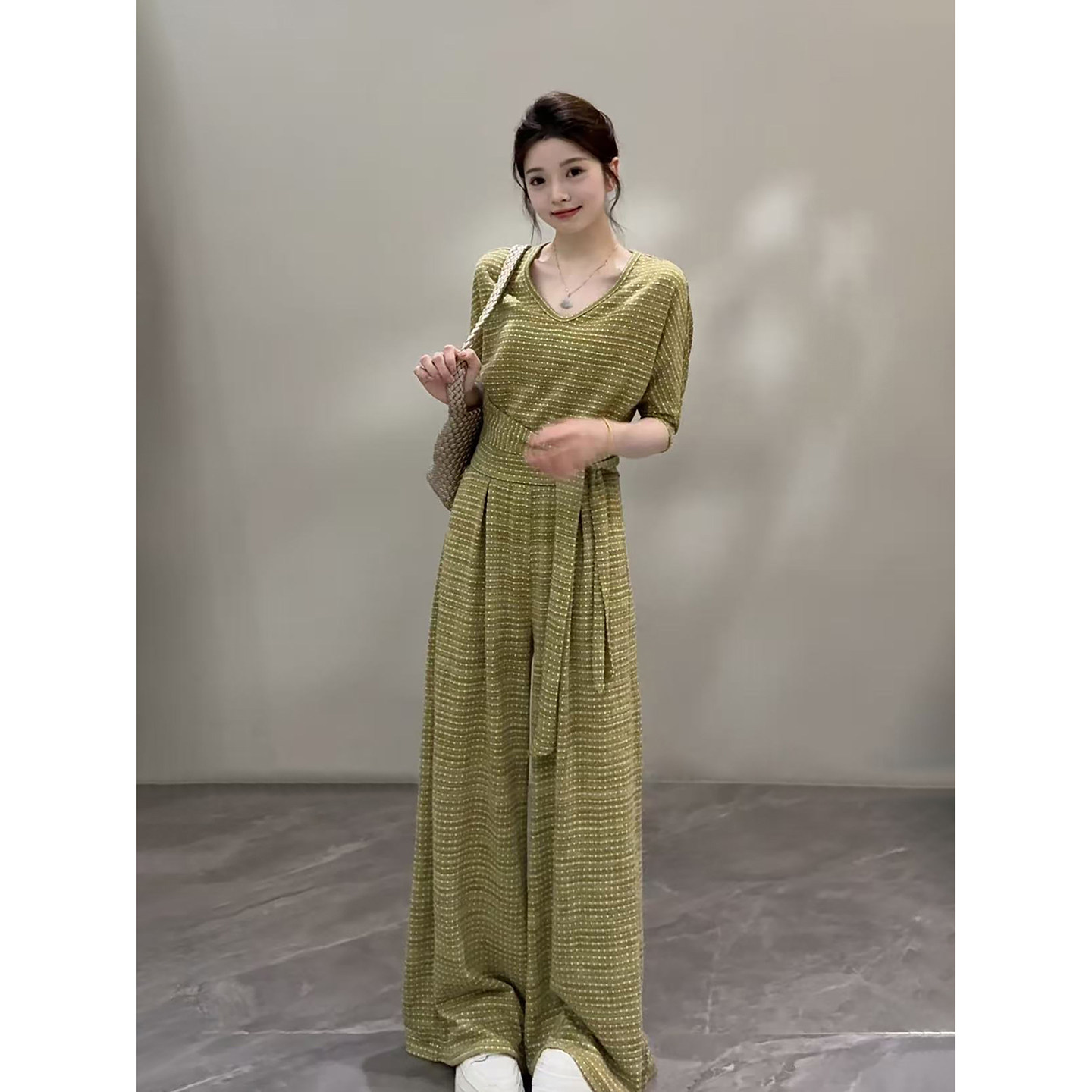 颂宋 夏季新款气质绑带收腰显瘦高腰休闲阔腿裤上衣套装DT2037