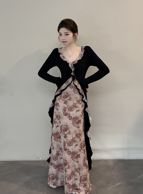 颂宋 春夏设计感不规则荷叶边拼色开叉长裙假两件连衣裙DT1953