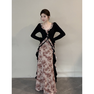 颂宋 春夏设计感不规则荷叶边拼色开叉长裙假两件连衣裙DT1953