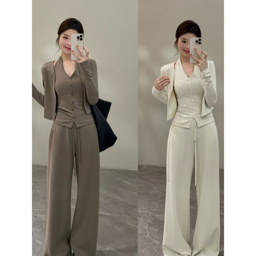 颂宋 春夏新款慵懒显瘦松弛感开衫吊带高腰长裤三件套套装DT2009